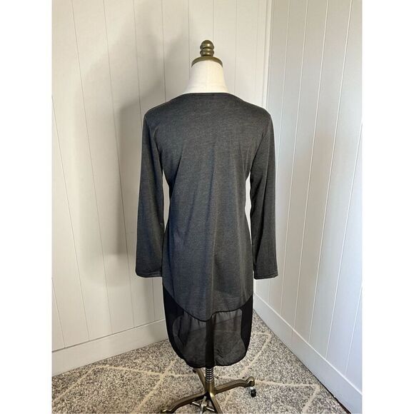 Womens Size Medium Mini Dress Gray Black Hi Low Sheer Bottom Long Sleeve - Picture 6 of 10